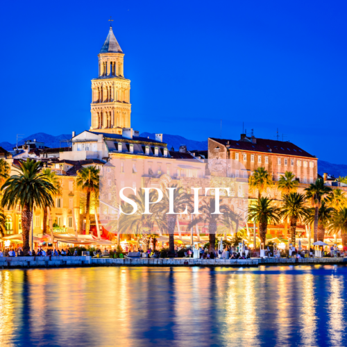 Havnepromenaden i Split med palmer og historiske bygninger ved vannet