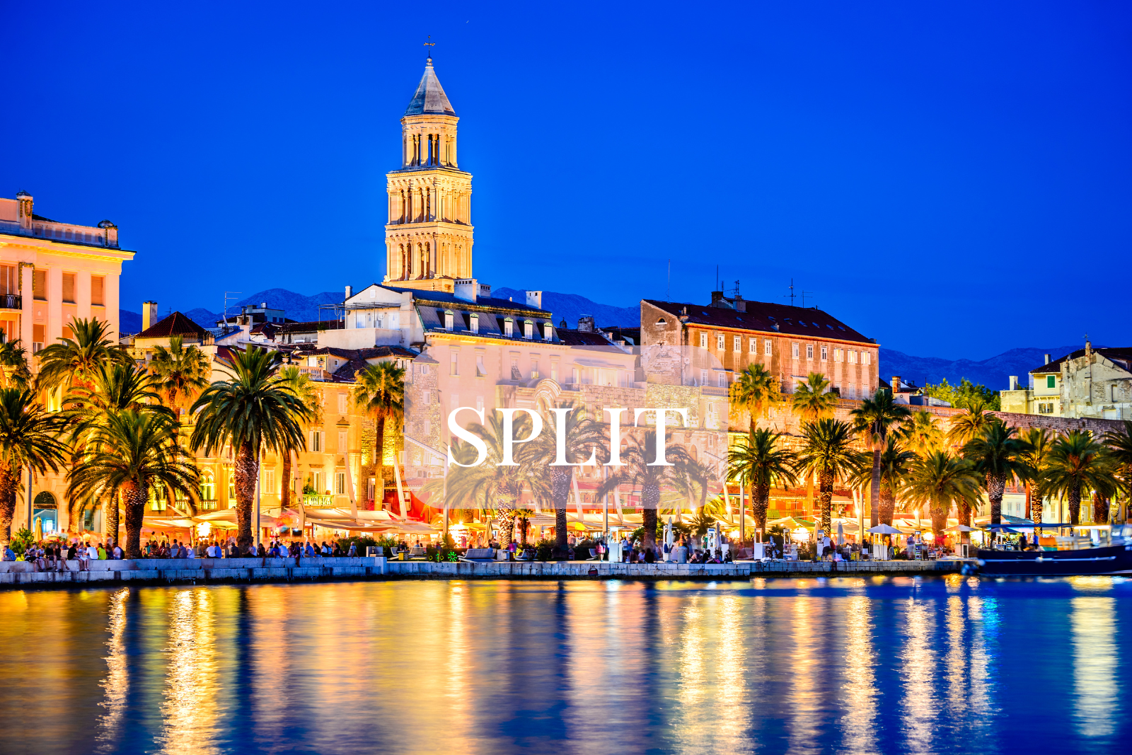 Havnepromenaden i Split med palmer og historiske bygninger ved vannet